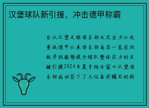 汉堡球队新引援，冲击德甲称霸